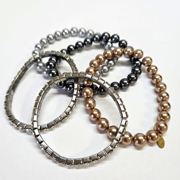 VINTAGE RMN ROMAN & SUNSTONE Multi-Tone Bead & Rhinestone Stretch Bracelet Set - Picture 1 of 5